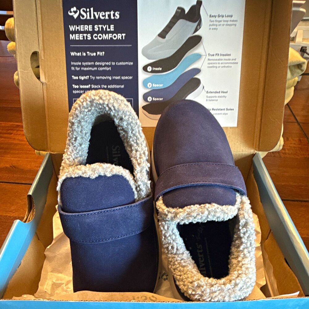 Silverts SV15400 Women's Slip-On Shoes Navy/Gray Slip Resistant US 7 EU38
